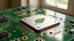 What are the benefits of halogen free PCB in electronics illustrated by a close-up view of an eco-friendly circuit board with natural green solder mask texture