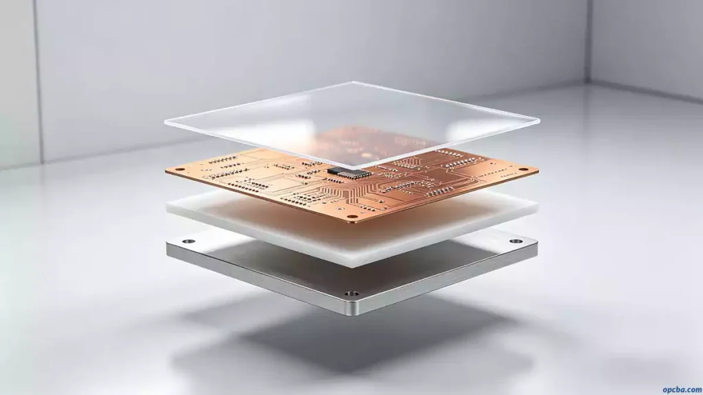 benefits of aluminum core PCB for high power electronics cross-sectional diagram displaying four distinct functional layers of metal core board