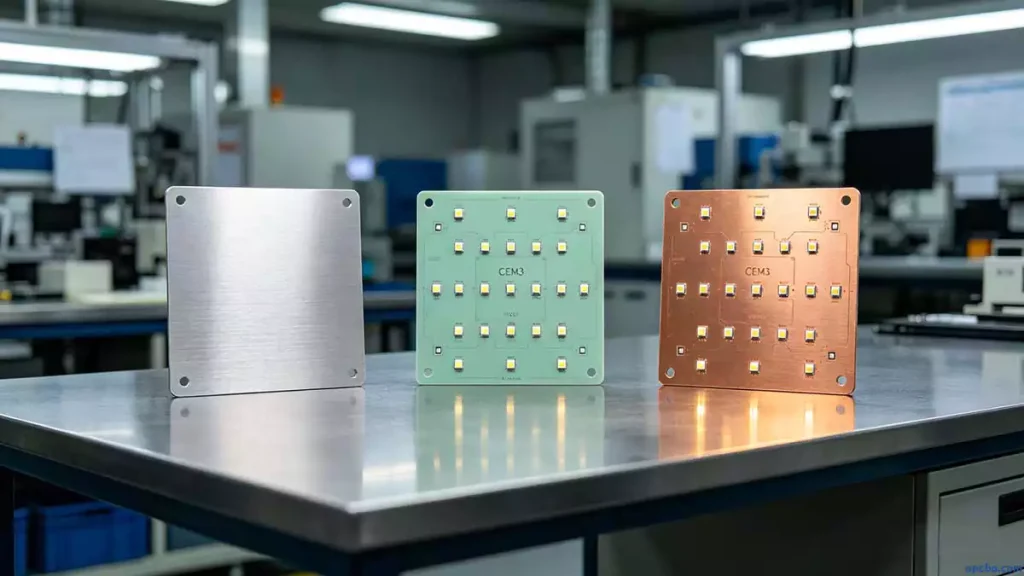 best PCB material for LED lighting projects comparison of aluminum CEM3 and copper substrates on a clean industrial workbench
