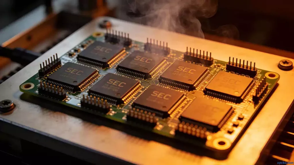 how does pcb burn-in test work – a macro view of ICs secured on a burn-in board undergoing thermal cycle validation