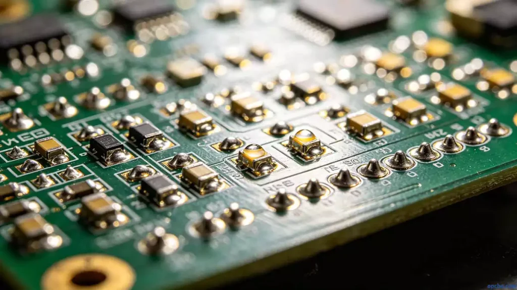 how to get perfect solder joints - close-up of shiny and well-formed solder joints on a PCB, achieved with quality paste, proper stencil, and correct reflow parameters