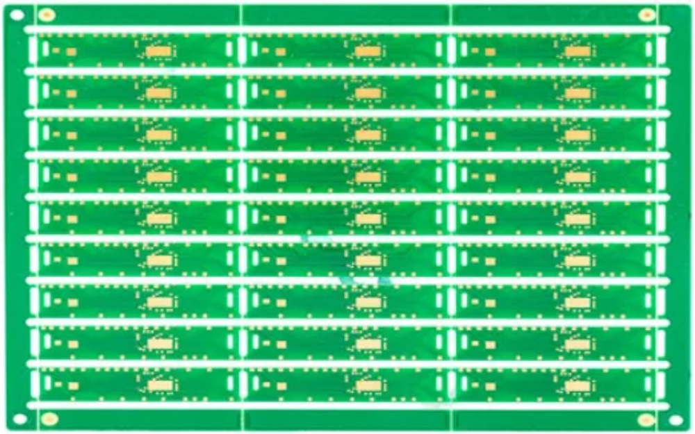 High-volume multi-panel PCB with ENEPIG (Electroless Nickel Electroless Palladium Immersion Gold) surface finish, showcasing uniform gold-plated pads and fine-pitch component footprints for high-reliability, long-shelf-life electronic applications.