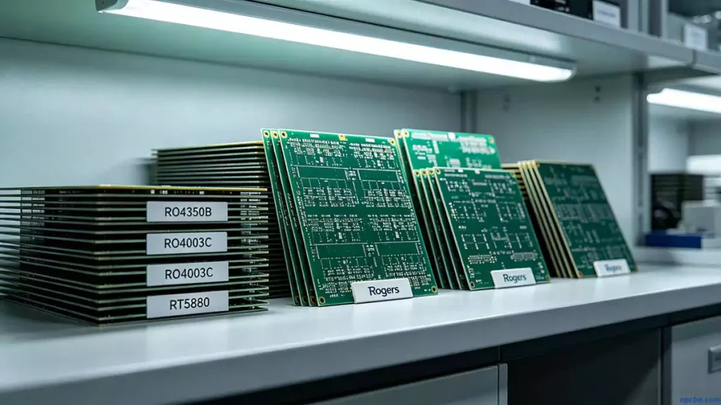 popular Rogers board models comparison showing RO4350B RO4003C and RT5880 for different high-frequency needs