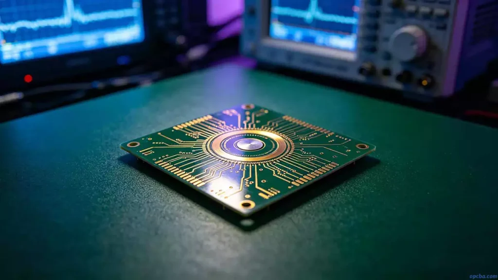 what is RF microwave PCB materials and design shown on a high frequency circuit board with gold traces and antenna structure