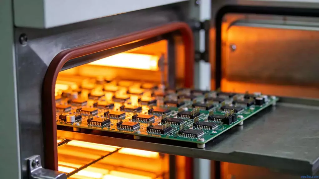what is pcb burn-in board testing – a close-up of a loaded burn-in board inside an industrial aging furnace for high-temperature validation