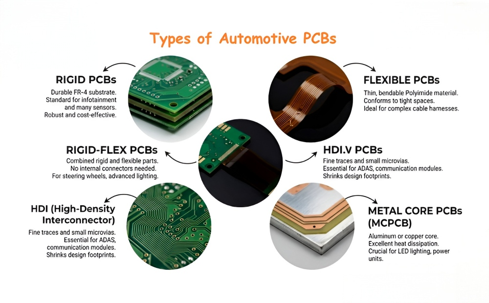 Infographic showing 6 main types of automotive PCBs: rigid, flexible, rigid‑flex, HDI, HDI‑V and metal‑core PCBs, with material features and automotive application scenarios.