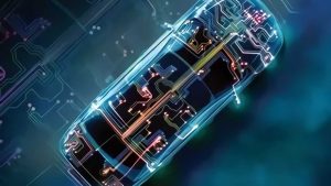 Futuristic tech render of a car integrated with glowing circuit traces, visualizing automotive PCB electronic system and intelligent vehicle circuitry.