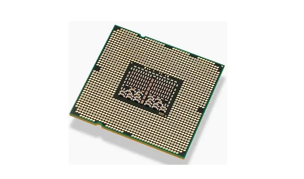 Rear view of a CPU BGA package, showing the full solder ball array and central die area for high-performance computing applications.