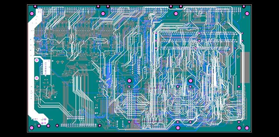 Gerber design file of a multi-layer PCB layout, showing complex routing, vias, and pad arrays for high-density electronic applications.
