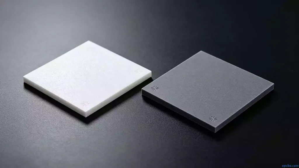 Alumina vs aluminum nitride ceramic substrate comparison image showing two material samples commonly evaluated for high‑power electronic board applications