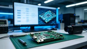 Covering the complete PCBA solution development process from initial block diagram to fully verified boards, with design tools and testing equipment arranged in a modern lab.jpeg