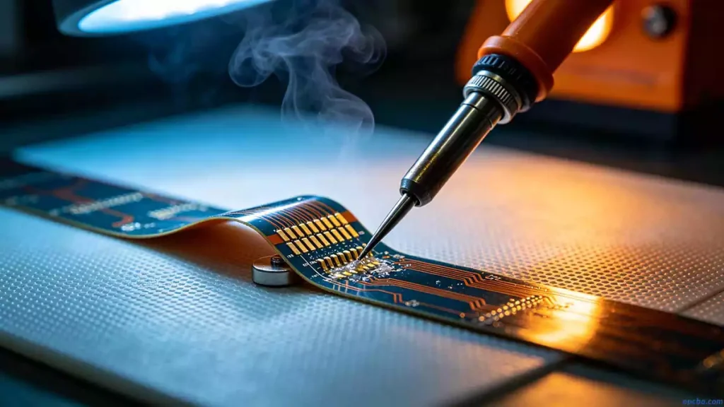 Flex PCBA soldering guide showing how a weight stabilizes a flexible circuit board to prevent movement during manual soldering