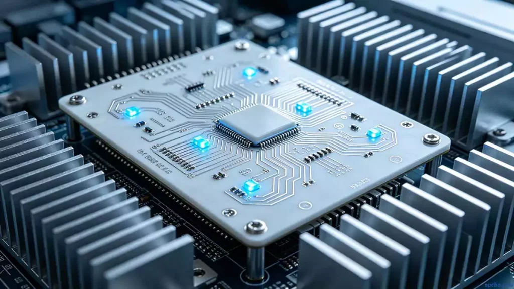 High thermal conductivity PCB material selection guide visualization showcasing a stable ceramic substrate operating inside a power electronics module with effective cooling