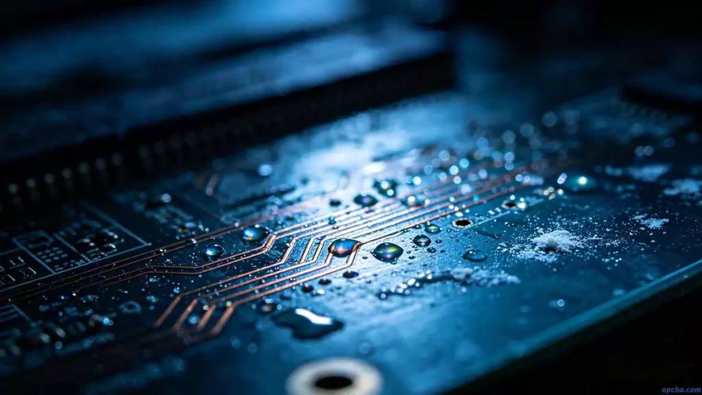 How to prevent flux residue corrosion on PCBs visualized through a close-up of moisture-activated chemical residues on a circuit board surface