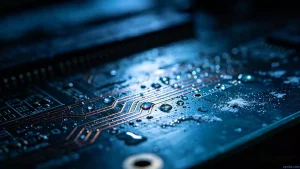 How to prevent flux residue corrosion on PCBs visualized through a close-up of moisture-activated chemical residues on a circuit board surface