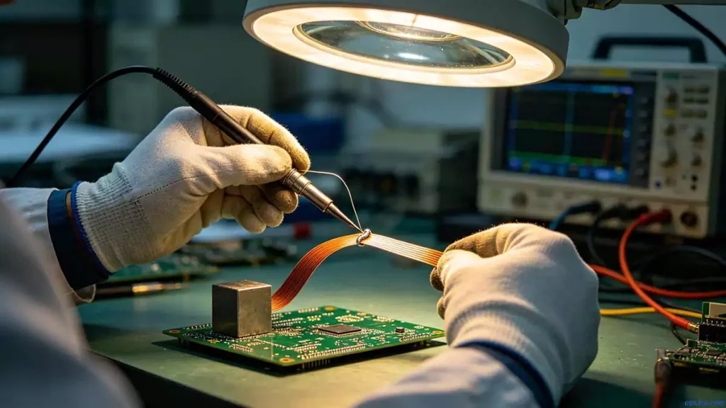 Manual soldering flex circuit cold joints prevention technique using a weight to keep the flexible board flat until the solder fillet sets completely