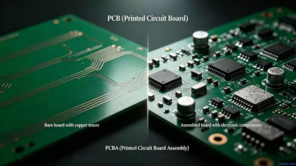 PCBA vs PCB definition and difference visual guide showing the transformation from bare board to fully assembled circuit board with components