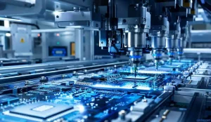 SMT assembly process step-by-step visualized as a futuristic automated PCB manufacturing line with precision component placement