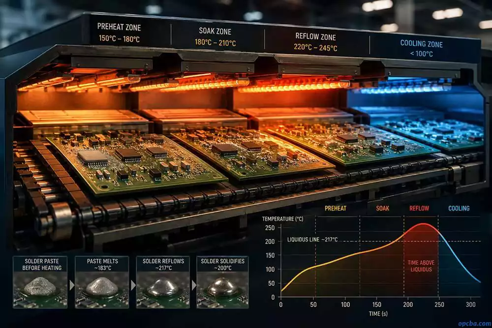 SMT reflow soldering profile parameters like ramp rate and soak time visualized through a PCB passing through heating zones