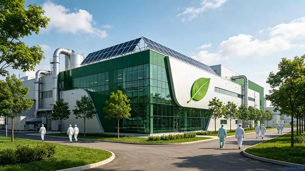 Sustainable PCB Manufacturing facility with green architecture and eco-friendly industrial design