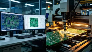 What is design for manufacturing in PCB process visualized through an engineer's screen transitioning to a factory assembly line