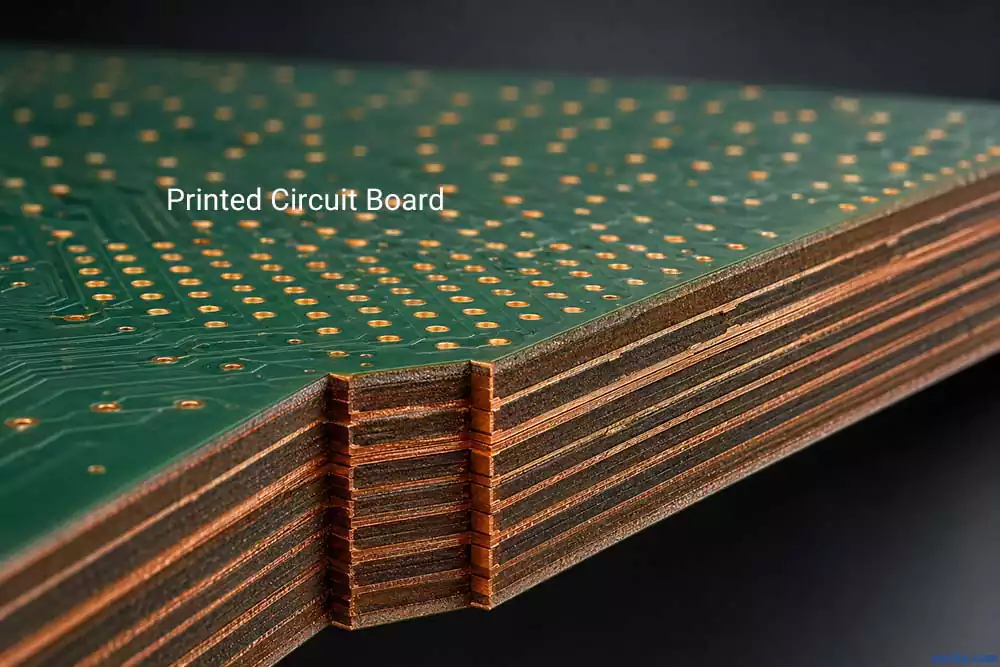 comprehensive guide to PCB types and material selection illustrated by a cross-sectioned multi-layer circuit board exposing internal copper layers and green soldermask