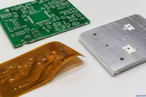 comprehensive guide to PCB types and material selection showing rigid FR4 flexible FPC and aluminum metal-core circuit board samples on inspection bench