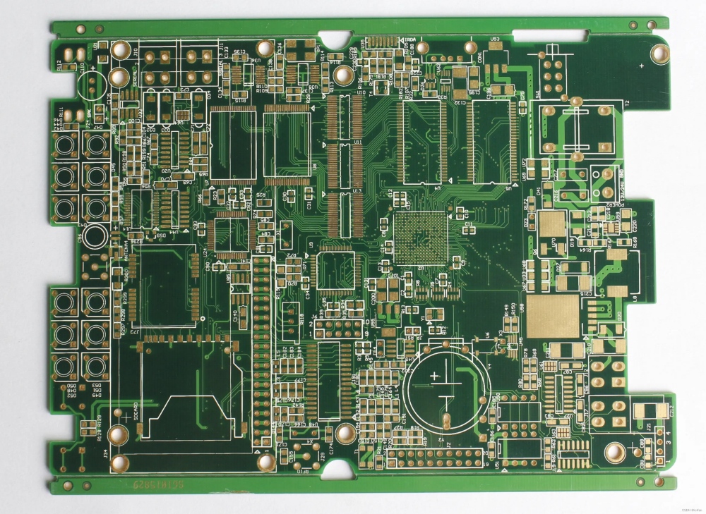 High-density HDI PCB board with complex routing, BGA pads, and multi-layer traces, showing fine-line technology for high-performance electronics.