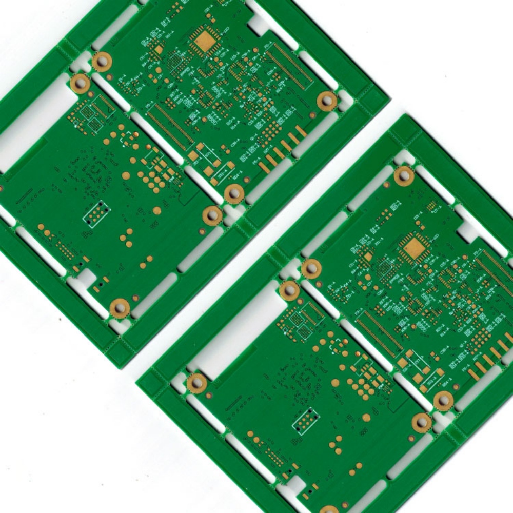 Multi-panel HDI PCB with depanelization rails, featuring fine-pitch pads and high-density layouts for mass production.