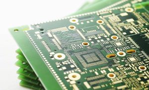Stack of HDI printed circuit boards, showing microvias, fine traces, and high-density interconnect technology in PCB manufacturing.