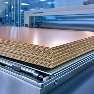 Honeycomb copper clad laminate (CCL) stacked panels on automated production conveyor, high rigidity substrate material for high-end PCB manufacturing