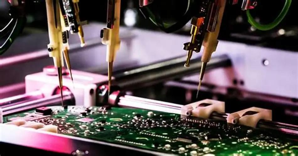 Close-up of multi-probe heads on automated PCB ICT test machine, fine test needles for high-density PCB electrical signal inspection.