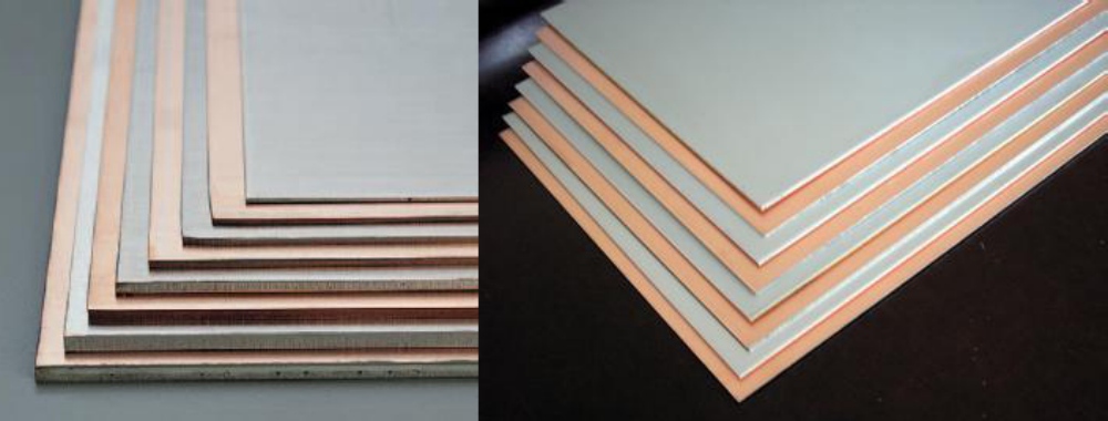 Various thickness copper clad laminates with visible copper foil and dielectric core cross-section, multi-size CCL raw materials for different PCB designs