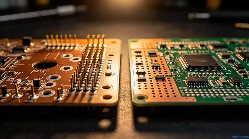 SMT vs through-hole technology comparison showing cross-section detail of surface mount and through-hole component mounting methods