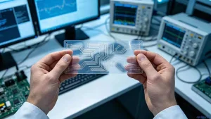 Transparent PCB surface mount soldering process - hands holding a translucent flexible circuit board showcasing intricate silver traces on PET film