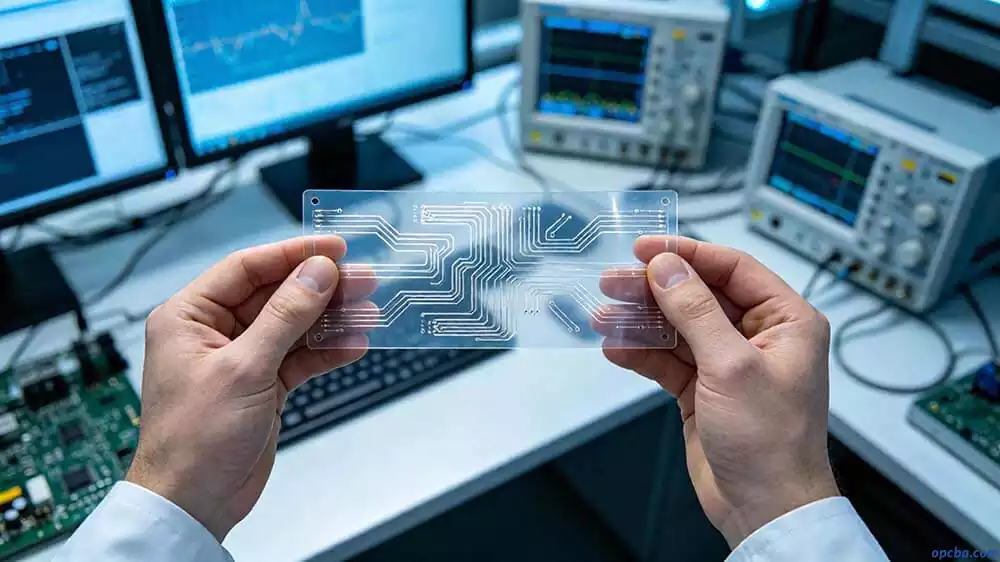 Transparent PCB surface mount soldering process - hands holding a translucent flexible circuit board showcasing intricate silver traces on PET film