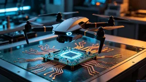 UAV antenna PCB design guidelines – drone hovering above a flight controller board illustrating the integration of antenna and PCB