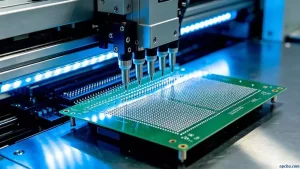 surface mount technology assembly process visualized through a close-up of automated pick-and-place machine mounting components on a green PCB