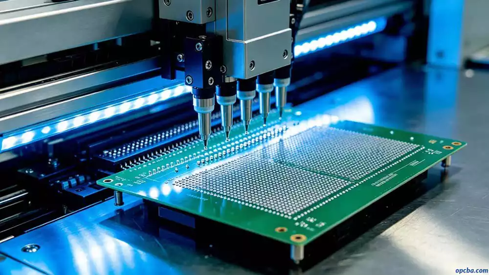 surface mount technology assembly process visualized through a close-up of automated pick-and-place machine mounting components on a green PCB