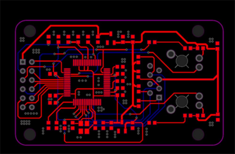 PCB routing layout in EDA design software, top layer and bottom layer traces circuit board engineering file