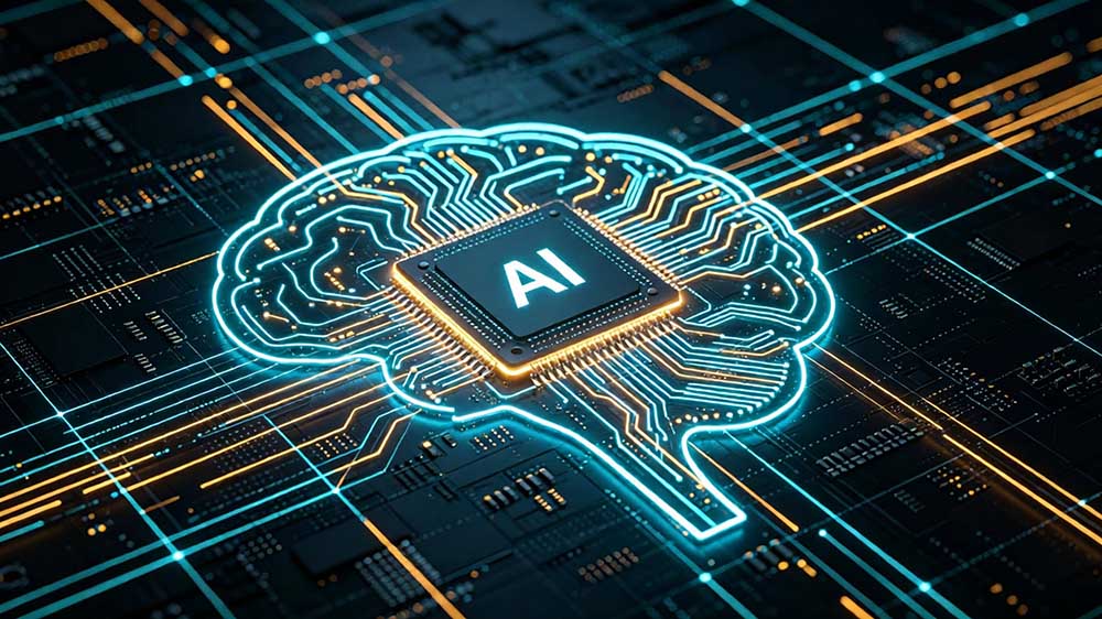 AI chip integrated with circuit board radiating data flows, symbolizing AI-powered PCB design trends