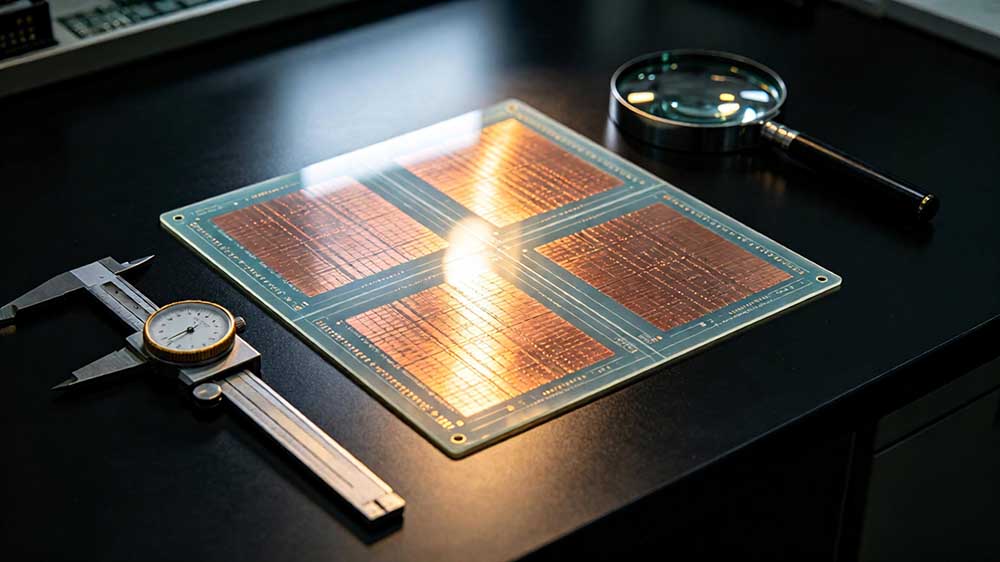 Backlit PCB with measurement tools, representing DFM checks for reliable manufacturing