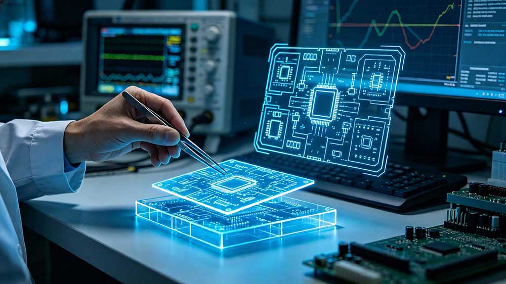 Engineer adjusting PCB model with functional zones, demonstrating component placement for signal integrity