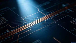 High-frequency PCB stack-up design guide cover, macro close-up of impedance-controlled microstrip line