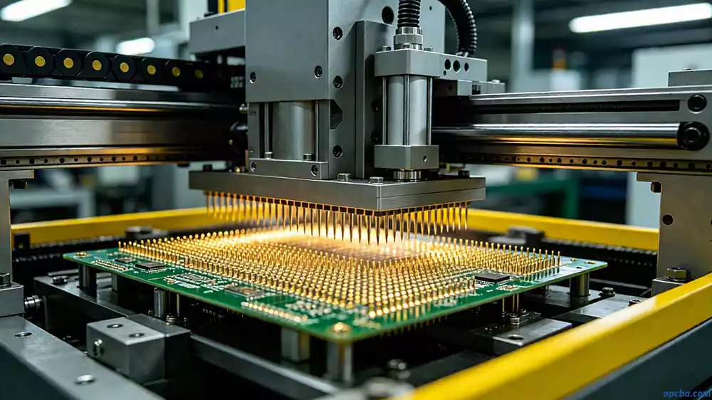 bed-of-nails pcb test fixture in action with pneumatic press making simultaneous contact with multiple test points on production assembly