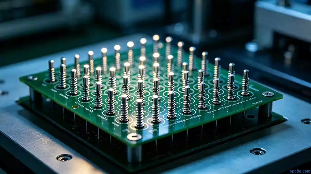 pcb fixture wiring design guide showing precise pogo pin array on green PCB surface for reliable electrical contact in industrial testing