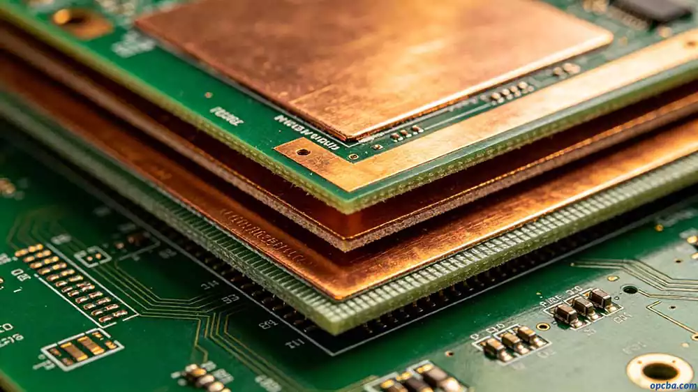 ul94v-0 4-layer pcb test fixture cross-section revealing internal copper planes and glass-fiber layers for enhanced signal integrity and fire safety