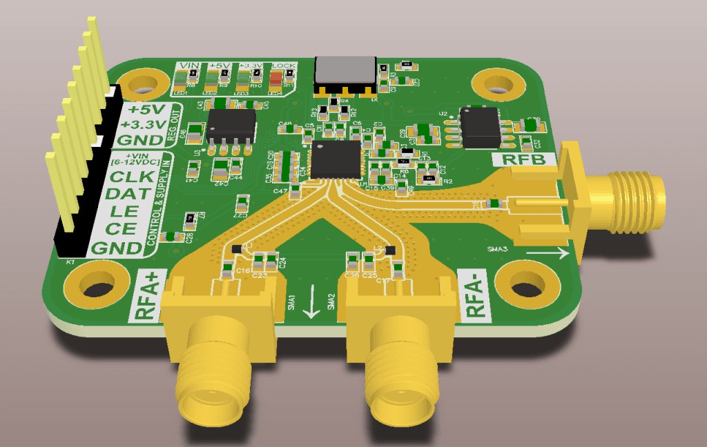 3D render of RF up‑down converter PCB, differential RFA+/RFA‑ SMA ports, digital SPI control header, analog‑digital circuit partition