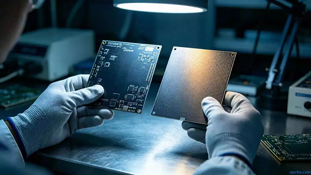 PCB material selection for thick multilayer boards – visual comparison of standard FR-4 and 370HR samples in a lab, highlighting key visual cues for material choice